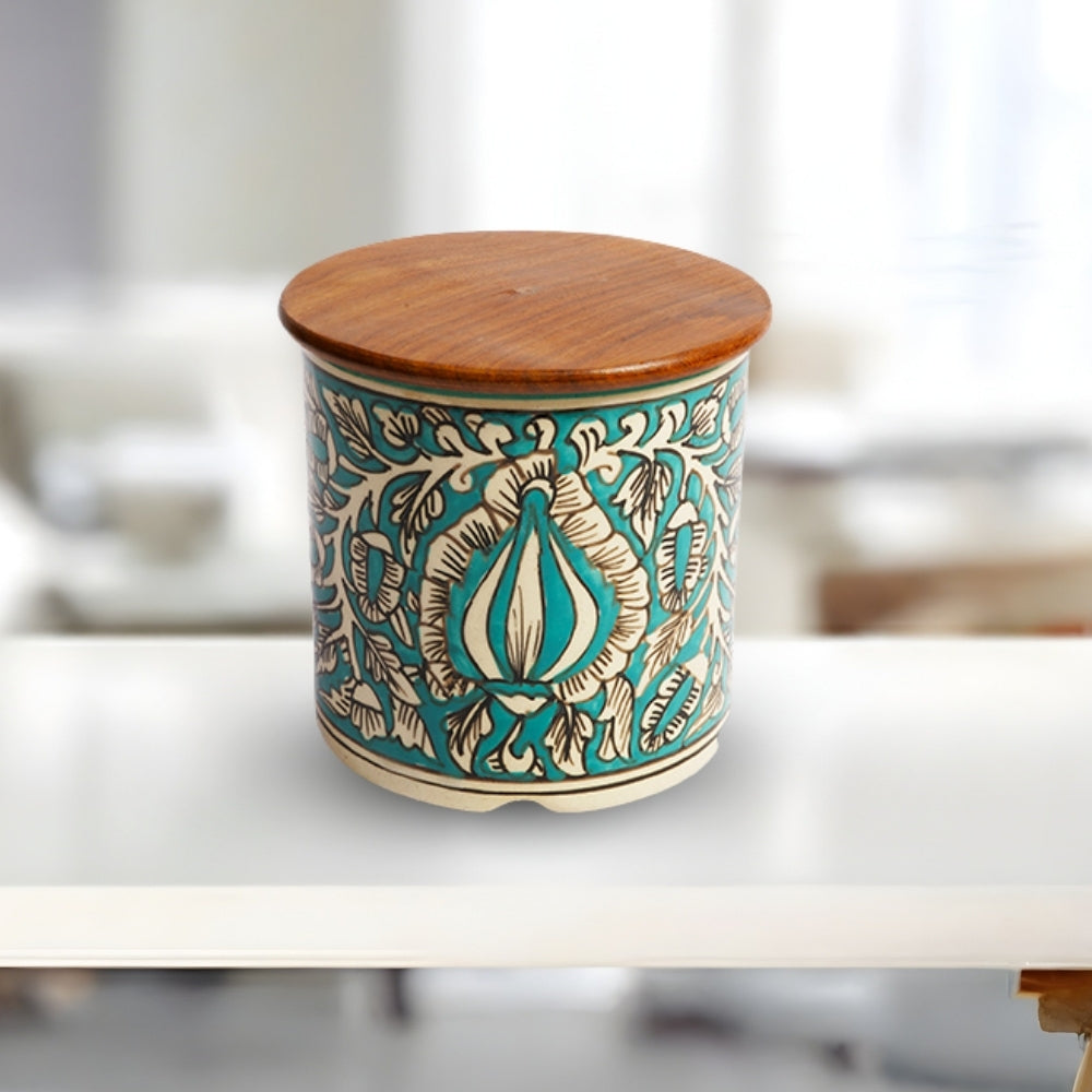 kalamkari turquoise circular ceramic canister set of 2 cylindrical storage jars with wooden lid for kitchen storage